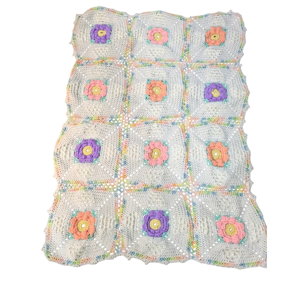 Vintage Crocheted Baby Afghan Crib Blanket Throw‎ Floral Pastel 50x38 Handmade